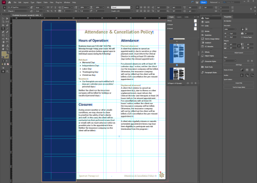 Screenshot of Adobe InDesign workspace showing grid setup for the Spectrum Therapy Client Services Handbook, with guides and columns defining layout structure.
