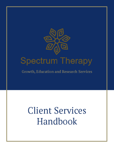 Cover design of the Spectrum Therapy Client Services Handbook featuring Spectrum Therapy logo, gold border, and blue and white background.