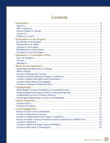 Table of contents page for Spectrum Therapy Client Services Handbook, listing sections such as Introduction, Participation in the Program, Attendance & Cancellation Policy, Client Service Agreement, Confidentiality, Dispute Resolution, and Acknowledgements.