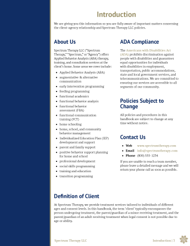 Introduction section of Spectrum Therapy Client Services Handbook, with subsections About Us, ADA Compliance, Policies Subject to Change, and Contact Us, formatted in two-column layout.