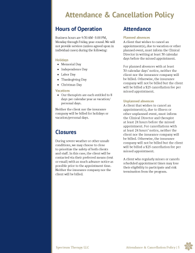 Attendance and Cancellation Policy section of Spectrum Therapy Client Services Handbook, with details about Hours of Operation, Holidays, Vacations, Closures, and Attendance procedures.