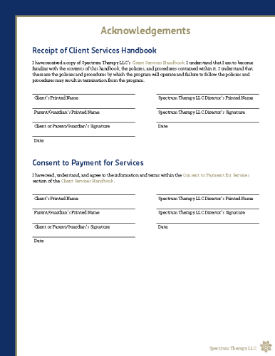 Acknowledgements page of Spectrum Therapy Client Services Handbook with signature lines for Receipt of Client Services Handbook and Consent to Payment for Services.