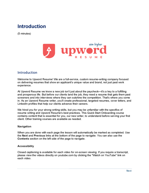 Page from course content document titled Introduction. Includes the Upword Resume logo. Text introduces the company, explains the course purpose, and provides navigation and accessibility instructions.