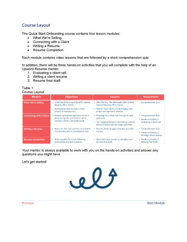 Page from course content document titled Course Layout. Lists four lesson modules in a table with objectives, lessons, and assessments, along with three hands-on activities to complete with a mentor.