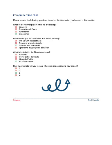 Page from course content document titled Comprehension Quiz. Contains four multiple-choice questions about the module, with correct and incorrect answers indicated.