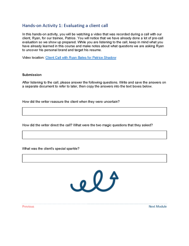Page from course content document titled Hands-on Activity 1: Evaluating a client call. Describes an activity involving a client call video and includes three text-box questions for learners to answer.