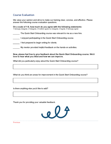Page from course content document titled Course Evaluation. Contains a feedback form asking learners to rate the course on a scale of 1–5 and provide written comments on what they enjoyed, areas for improvement, and additional thoughts.