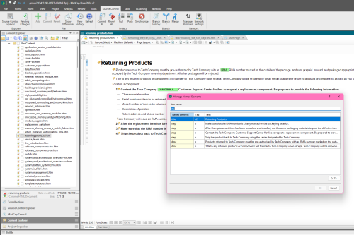 MadCap Flare interface displaying an open topic titled “Returning Products,” with structured elements highlighted and a pop-up window listing named elements and tags.