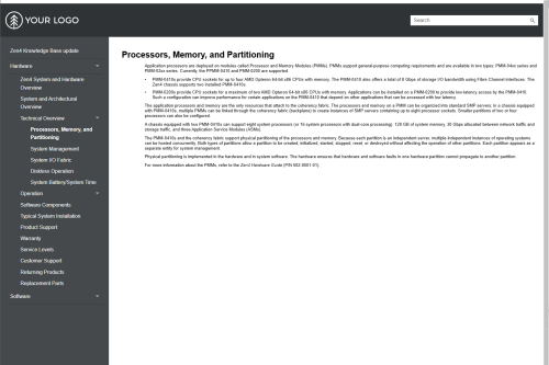 Web-based knowledge base page with navigation menu on the left and a topic titled “Processors, Memory, and Partitioning” open in the main content area.