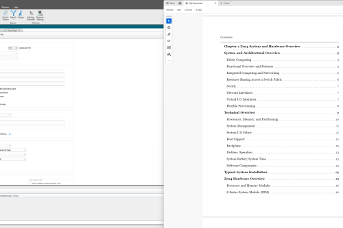 Split screen showing MadCap Flare on the left and a generated PDF on the right, open to a table of contents listing hardware and system documentation sections.