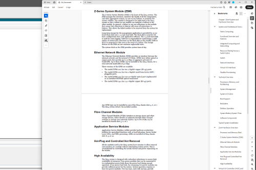Generated PDF open to pages describing the Z-Series System Module, Ethernet Network Module, Fibre Channel Modules, and other hardware components.