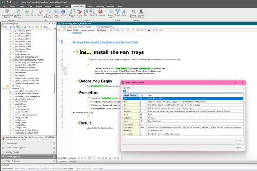 MadCap Flare interface showing an open topic titled “Install the Fan Trays,” with procedural steps and a pop-up window listing named elements and tags.